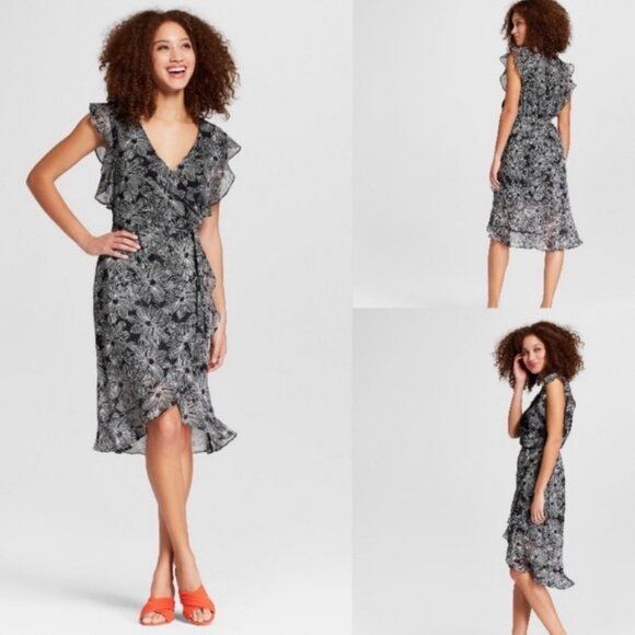 A New Day Black Riffled Faux Wrap Chiffon Floral Dress Sz  XXL NWT - Picture 1 of 12